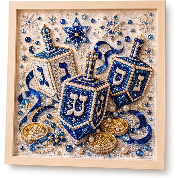 DIY Hanukkah Pearl Art Kit, Hanukkah Theme Diamond Art Kits with Frames, Pre-Printed Canvas & Display Frame, Wall Art for Gift, 7.87 Inch, D