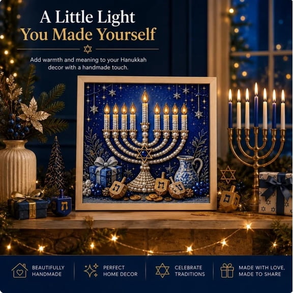 DIY Hanukkah Pearl Art Kit, Menorah Glow Diamond Art Kit