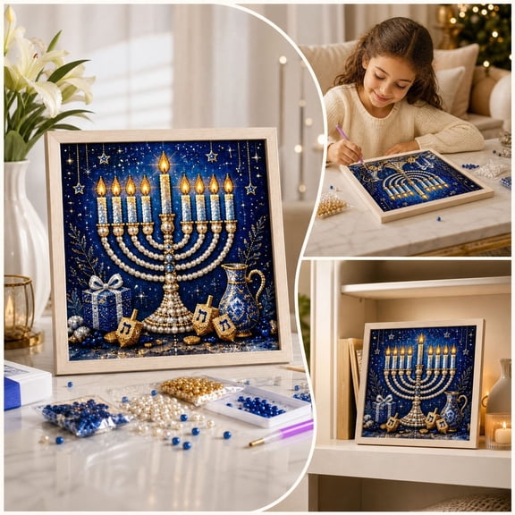 DIY Hanukkah Pearl Art Kit, Menorah Glow Pearl Diamond Craft Kit with Blue Gold Bead Art for Adults, Framed Jewish Holiday Wall and Tabletop Decor, 7.87 Inch