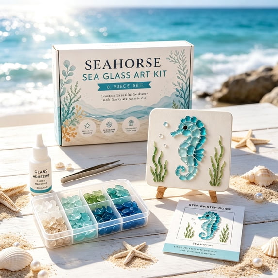 DIY Hard PVC Sea Glass Effect Mosaic Art Kit for Adults, Complete Ocean Theme Craft Set with Tweezers and All Tools Included, Beginner Friendly Painting Project for Home Decor