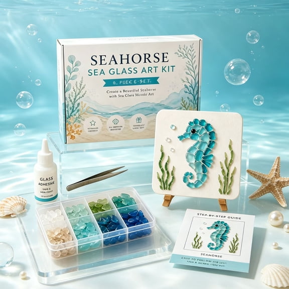 DIY Hard PVC Sea Glass Effect Mosaic Art Kit for Adults, Complete Ocean Theme Craft Set with Tweezers and All Tools Included, Beginner Friendly Painting Project for Home Decor