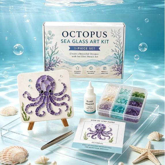 DIY Hard PVC Sea Glass Effect Mosaic Art Kit for Adults, Complete Ocean Theme Craft Set with Tweezers and All Tools Included, Beginner Friendly Painting Project for Home Decor