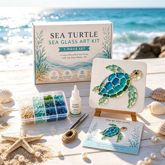 DIY Hard PVC Sea Glass Effect Mosaic Art Kit for Adults, Complete Ocean Theme Craft Set with Tweezers and All Tools Included, Beginner Friendly Painting Project for Home Decor