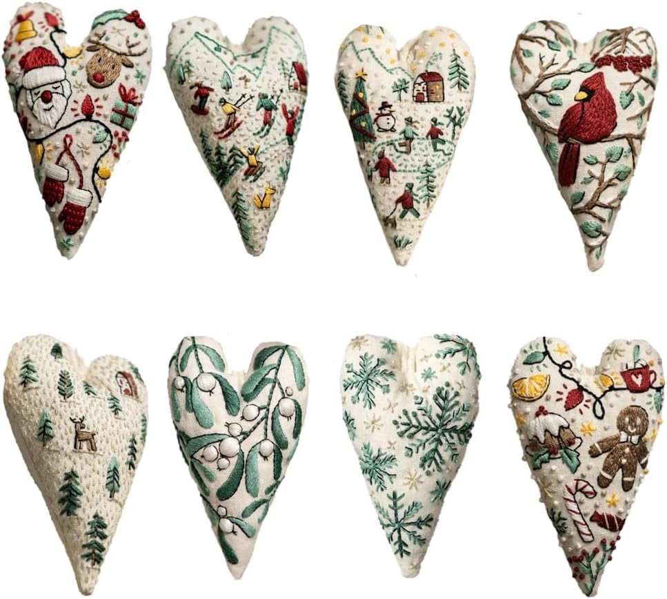 DIY Heart Embroidery Christmas Decoration,Hand Embroidery Christmas Ornaments Kits,DIY Heart Cross Stitch Kits with Needles and Thread,Christmas Patterns Heart Embroidery Kit for Beginners (8*PCS)