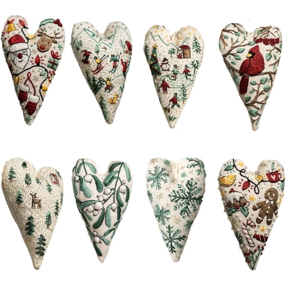 DIY Heart Embroidery Christmas Decoration,Hand Embroidery Christmas Ornaments Kits,DIY Heart Cross Stitch Kits with Needles and Thread,Christmas Patterns Heart Embroidery Kit for Beginners (8*PCS)