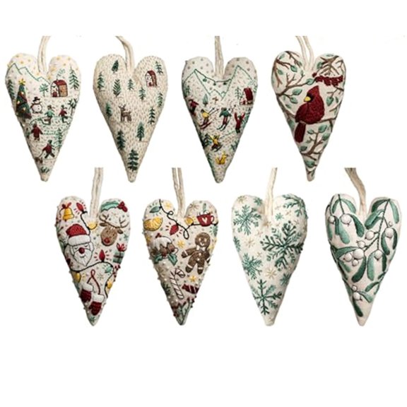 DIY Heart Shaped Hand Embroidered Christmas Ornament/Ornament Kit, Classupery Christmas Embroidery Kit, Diys Heart Embroidery Christma Decoration for Handmade Tree Decoration,Winter Decor(8PCS)