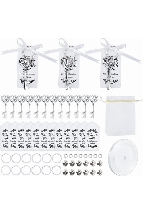 DIY Heart with Word Love Beer Bottle Opener Keychain Making Kit Including Alloy Skeleton & Rectangle Pendants Iron Split Key Rings Ribbon Antique Silver & Platinum