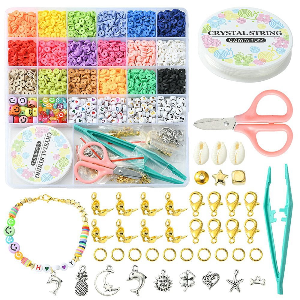 DIY Heishi Surfer Bracelet Necklace Making Kit Including Polymer Clay Disc Acrylic Letter Plastic Star Natural Shell Beads Mixed Color 3474Pcs/box