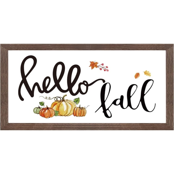 DIY Hello Fall Art Sign Solid Wood Framed Block Sign Pumpkin Pattern Funny Farmhouse Decor Sign with Arylic Layer 13x7 Inch Large Hangable Wooden Frame for Home Decor DIY