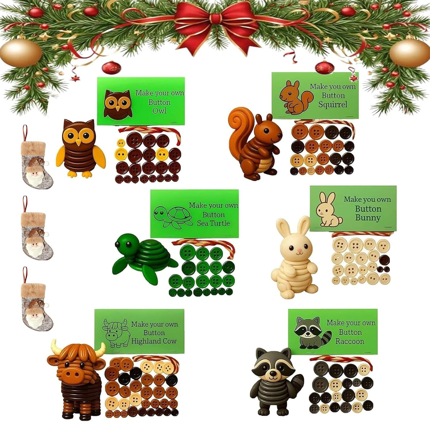 DIY Highland Cow Button Ornament, DIY Button Highland Cow Craft Kit, 3D Animals Buttons Decor, Handmade Stacked Animal Themed Color Christmas Buttons Xmas Hanging Decorations(All)