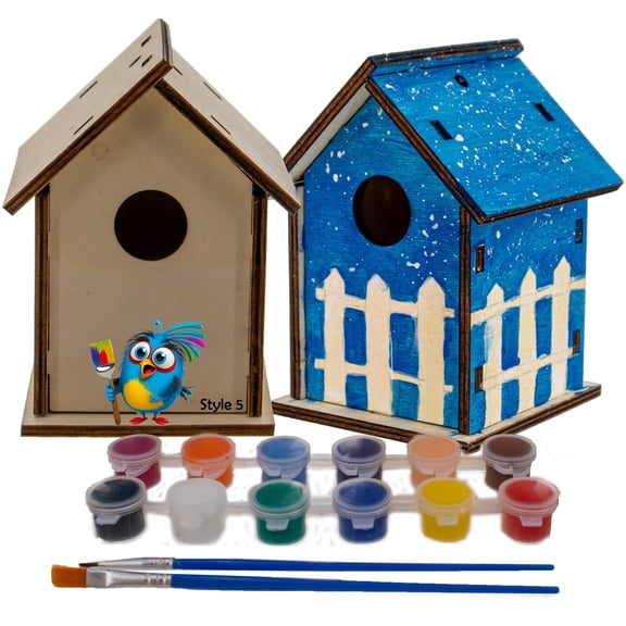 DIY Homemade Wood Birdhouse Kit: Easy Paint & Build - Customizable Design - Fun Activity for Creativity - Arts & Crafts for Kids Ages 3-12, Includes Paints & Brushes