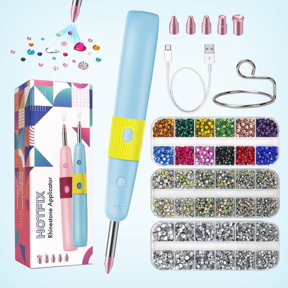 DIY Hotfix Applicator, 5 in 1 Hot Fixed Wand Bedazzler Kit, Rhinestones Setter Wand Tool with 5 Different Tip Sizes, DIY Bedazzler Kit with Rhinestones(Blue)