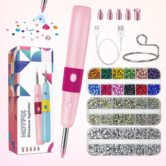 DIY Hotfix Applicator, 5 in 1 Hot Fixed Wand Bedazzler Kit, Rhinestones Setter Wand Tool with 5 Different Tip Sizes, DIY Bedazzler Kit with Rhinestones(Pink)