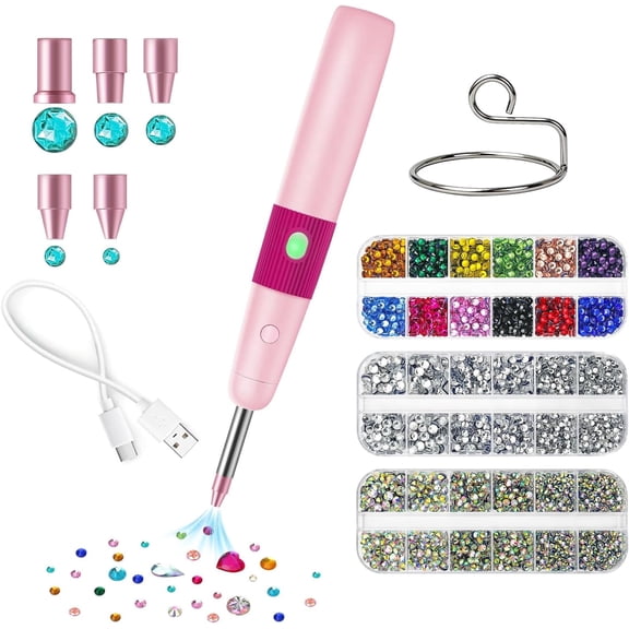 DIY Hotfix Applicator, 5 in 1 Hot Fixed Wand Bedazzler Kit, DIY Bedazzler Kit with Rhinestones ,Cordless Adjustable Heat Hot Fix Wand(1set,pink