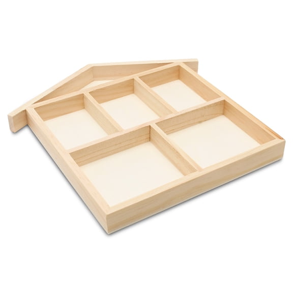 DIY House Shaped Shadow Box 10-inch, Pack of 1, 6-Section Wooden Divided Serving Tray for Crafts & Candy/Food Party Tray, by Woodpeckers