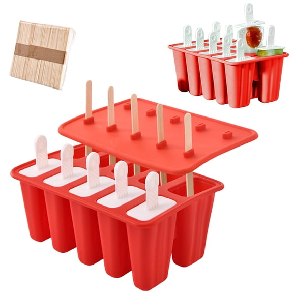 DIY Ice Maker Set - 10 Cavity Silicone Ice Cube Tray with Lid, 50 Sticks, Brush & Funnel - Homemade Popsicle Mold - Red
