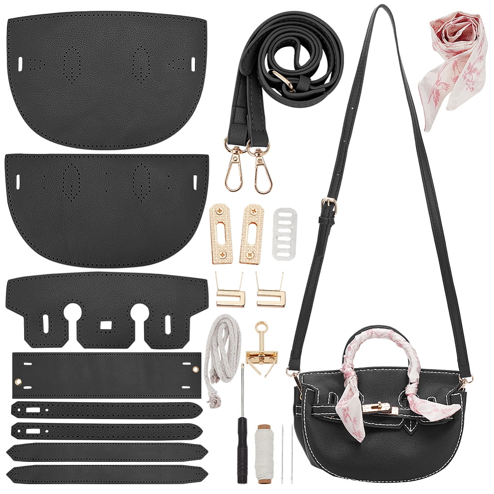DIY Imitation Leather Crossbody Bag Kits including PU Leather Fabrics Silk Ribbon Cord Threads Needles Screwdriver Alloy Findings Shim Black DIY