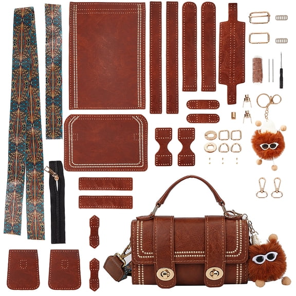 DIY Imitation Leather Satchel Crossbody Bag Kits with Iron Alloy Finding Needle Thread Clasp Screwdriver Saddle Brown