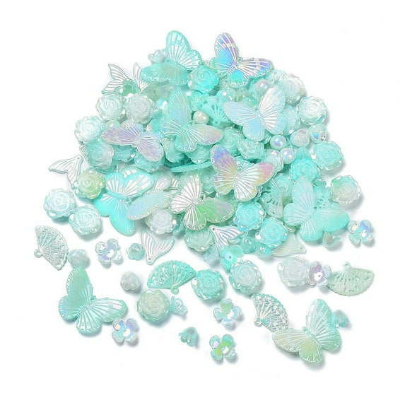 DIY Imitation Pearl style Jewelry Making Finding Kit Including Plastic Bead & Cabochon & Link & Pendants Butterfly/Fan/Flower/Fishtail/Round Shapes Turquoise about 64pcs/50g