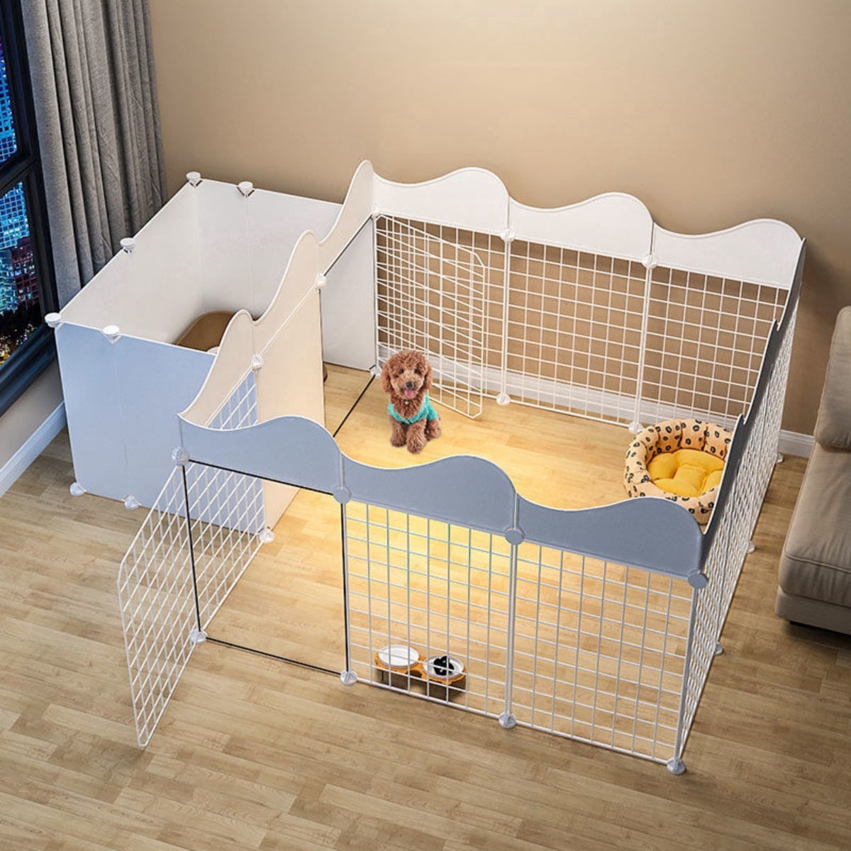 DIY Indoor Pet Playpen with Potty Area - Customizable Small Dog Fence & Exercise Pen, 18-Panel Metal & Resin Puppy Kennel with Doors, White (65" L x 44" W x 22" H)