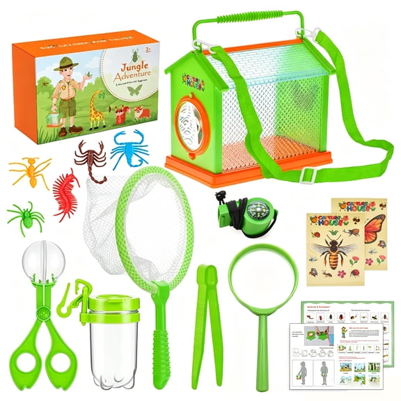 DIY Insect Observation House 14 Piece Set, Portable Outdoor Bug Catching Explorer Kit with Net Magnifier and Carry Handle for Nature Activities (Green)