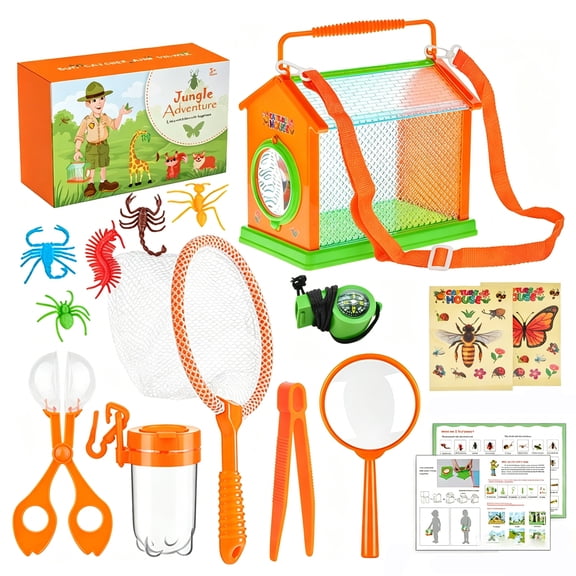 DIY Insect Observation House 14 Piece Set, Portable Outdoor Bug Catching Explorer Kit with Net Magnifier and Carry Handle for Nature Activities (Orange)