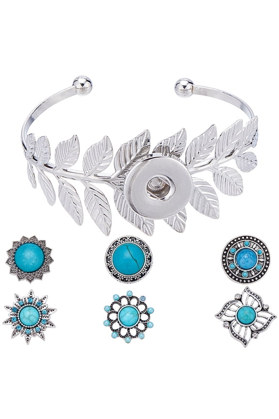 DIY Interchangeable Flower Bangle Making Kit Including Alloy Leaf Interchangeable Snap Open Cuff Bangle Settings Alloy Snap Button Turquoise