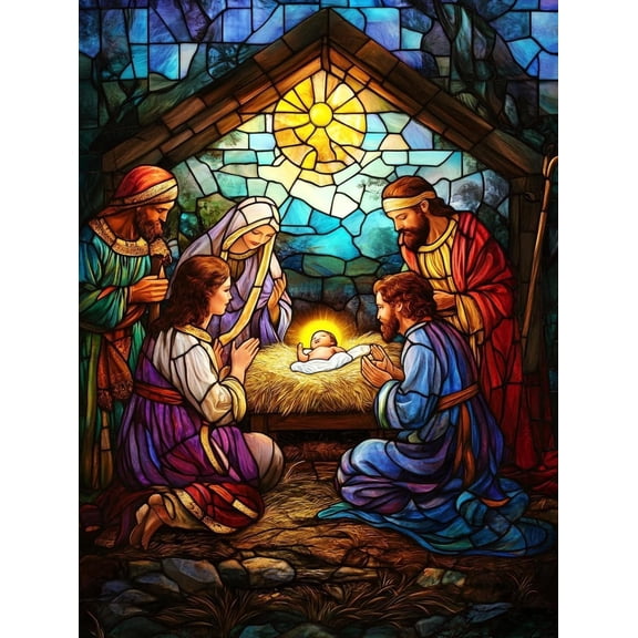 DIY Jesus Nativity Stained Glass Diamond Painting 12x16 Inch, Full Round Drill Kits Mosaic Art for Adults Relax & Home Wall Decor Festival Gift 647