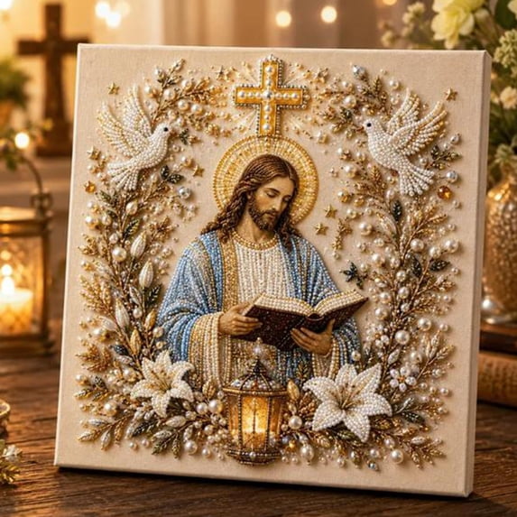 DIY Jesus Pearl Art Kit, 3D Pearl-Style Christian Artwork, Faith-Inspired Canvas Craft for Prayer Corners, Meaningful Gift for Confirmation, Easter, Christmas