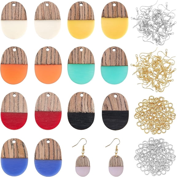DIY Jewelry Earring Makings Including Oval Resin & Walnut Wood Pendants Brass Earring Hooks & Open Jump Ring Golden & Silver Pendant: 16pcs