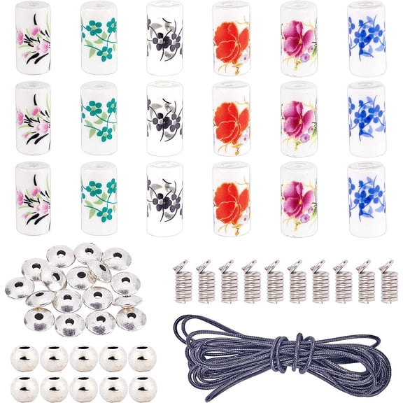 DIY Jewelry Kit Floral Printed Porcelain Beads with Tibetan Style Alloy Spacer Beads Iron Coil Cord Ends and Wax Polyester Cords for Jewelry Making (Total 118 Pcs) for DIY