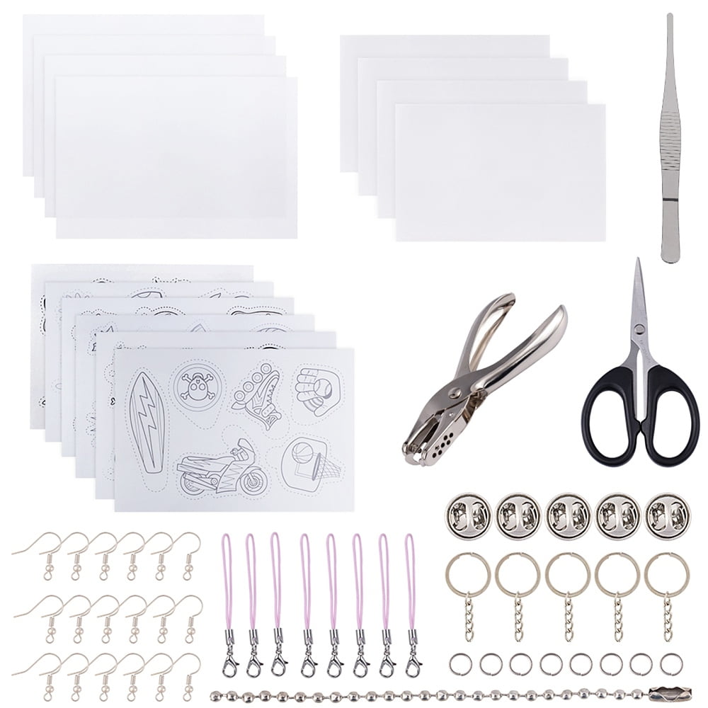 DIY Jewelry Kit with Heat Shrink Sheets Film Alloy Handheld Puncher Stainless Steel Tweezers Iron Split Key Rings Mobile Straps Platinum & Stainless Steel color 29x20x0.2cm