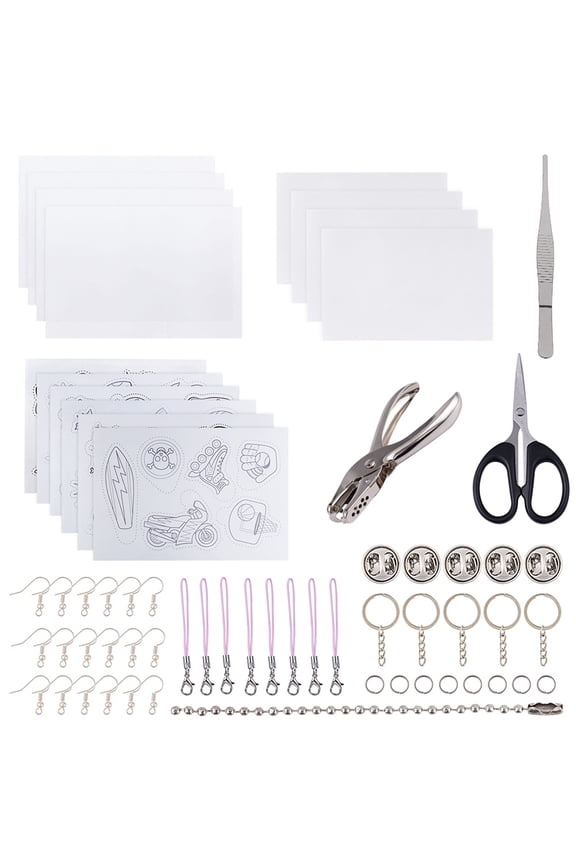 DIY Jewelry Kit with Heat Shrink Sheets Film Alloy Handheld Puncher Stainless Steel Tweezers Iron Split Key Rings Mobile Straps Platinum & Stainless Steel color 29x20x0.2cm