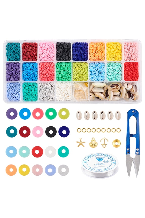 DIY Jewelry Kits with Handmade Polymer Clay Bead Spacers Alloy Pendants Cowrie Shell Beads Iron Scissors and Elastic Thread