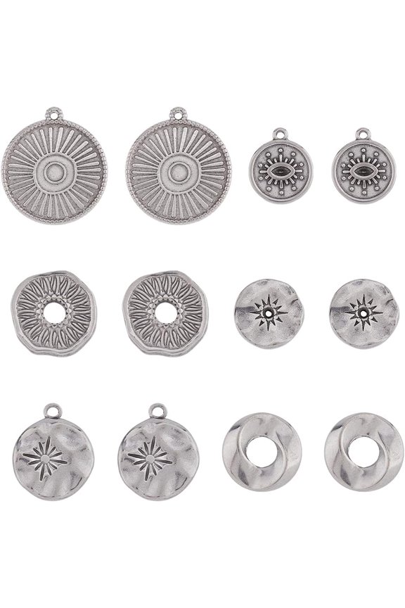 DIY Jewelry Making Finding Kit Including 36pcs 6 style 304 Stainless Steel Pendants & Settings & Beads Flat Round with Sun & Eye & Sunflower Stainless Steel color