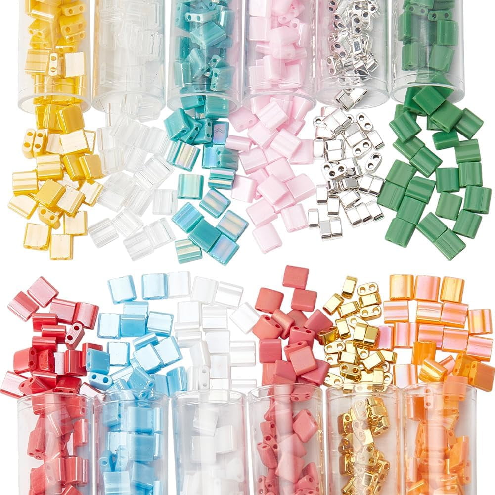 DIY Jewelry Making Finding Kit Including 900Pcs 12 Style 2-Hole Rectangle Glass Seed Beads Non-magnetic Synthetic Hematite Multi-Strand Links Mixed Color 5x4.5~5.5x2~2.5mm Hole: 0.5~0.8mm 75pcs/style