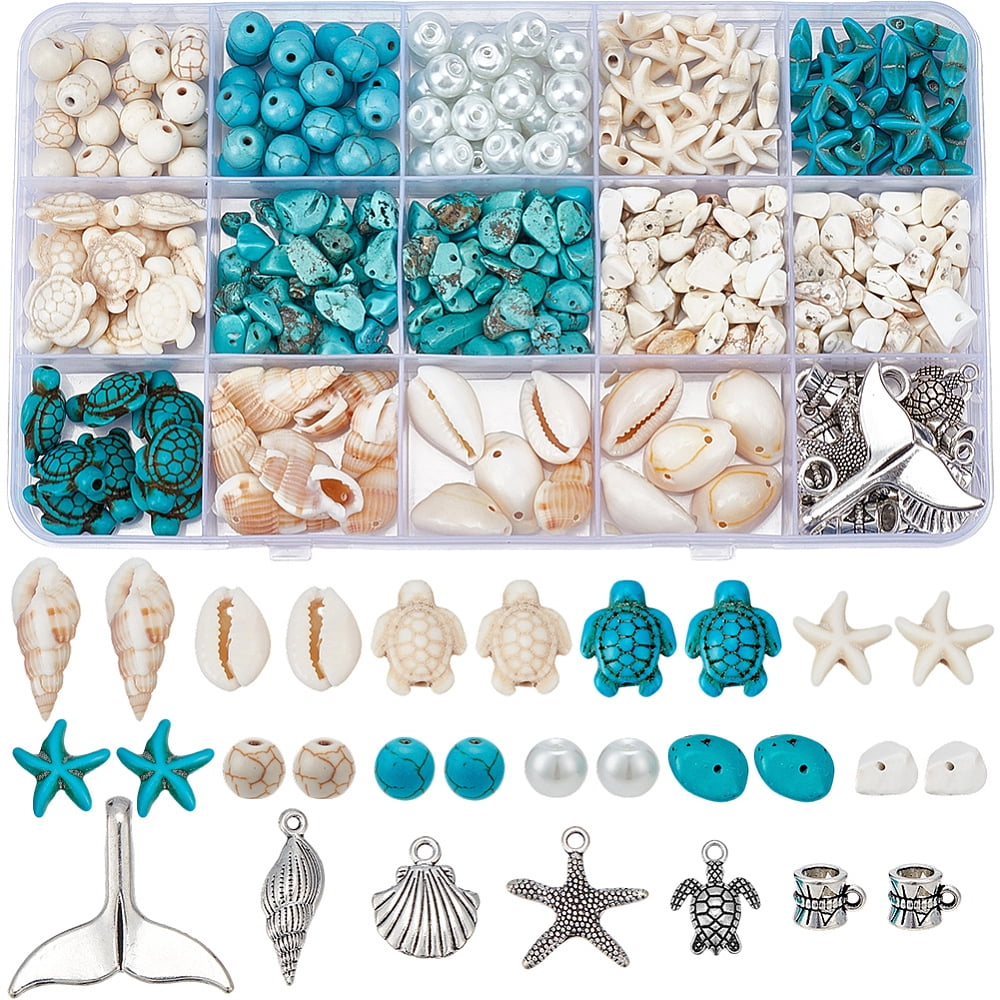 DIY Jewelry Making Finding Kits Including 120Pcs Gemstone Bead 10Pcs Shell Links Glass Pearl Beads Shell Pendant 80CM Turquoise Chip Bead