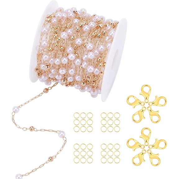 DIY Jewelry Making Kit 5m/16.4 ft. Pearl Bead Roll Chain Golden Brass Cable Chain 30pcs 21 Gauge 7mm Open Jump Ring 10pcs 12mm Lobster Claw Clasp for Necklace Bracelet Cloth Decor