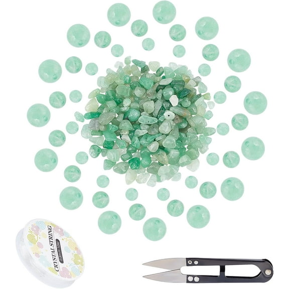 DIY Jewelry Making Kit Including Natural Green Aventurine Chip Bead Strands 3 Sizes Round Natural Green Aventurine Beads with Elastic Thread Steel Scissors for Jewelry Making