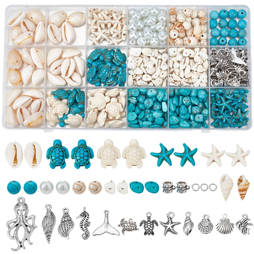 DIY Jewelry Making Kits include Shell Beads & Links Glass Pearl Beads Turquoise & Howlite & Magnesite Beads 304 Stainless Steel Rings
