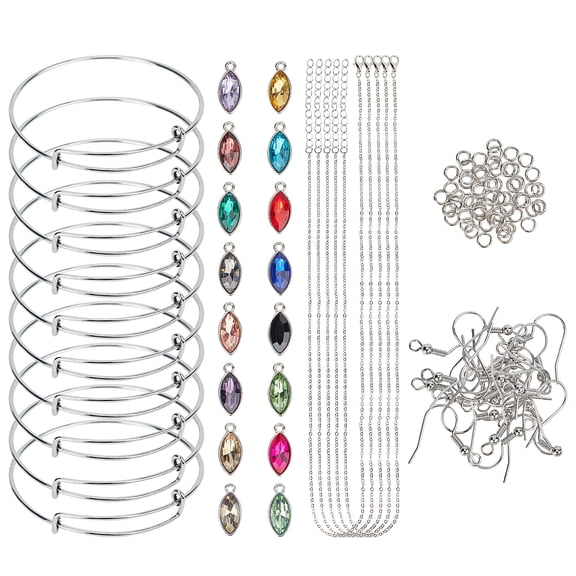 DIY Jewelry Set with Alloy Glass Charms Iron Bangle Making Cable Chains Necklace Makings Earring Hooks Mixed Color