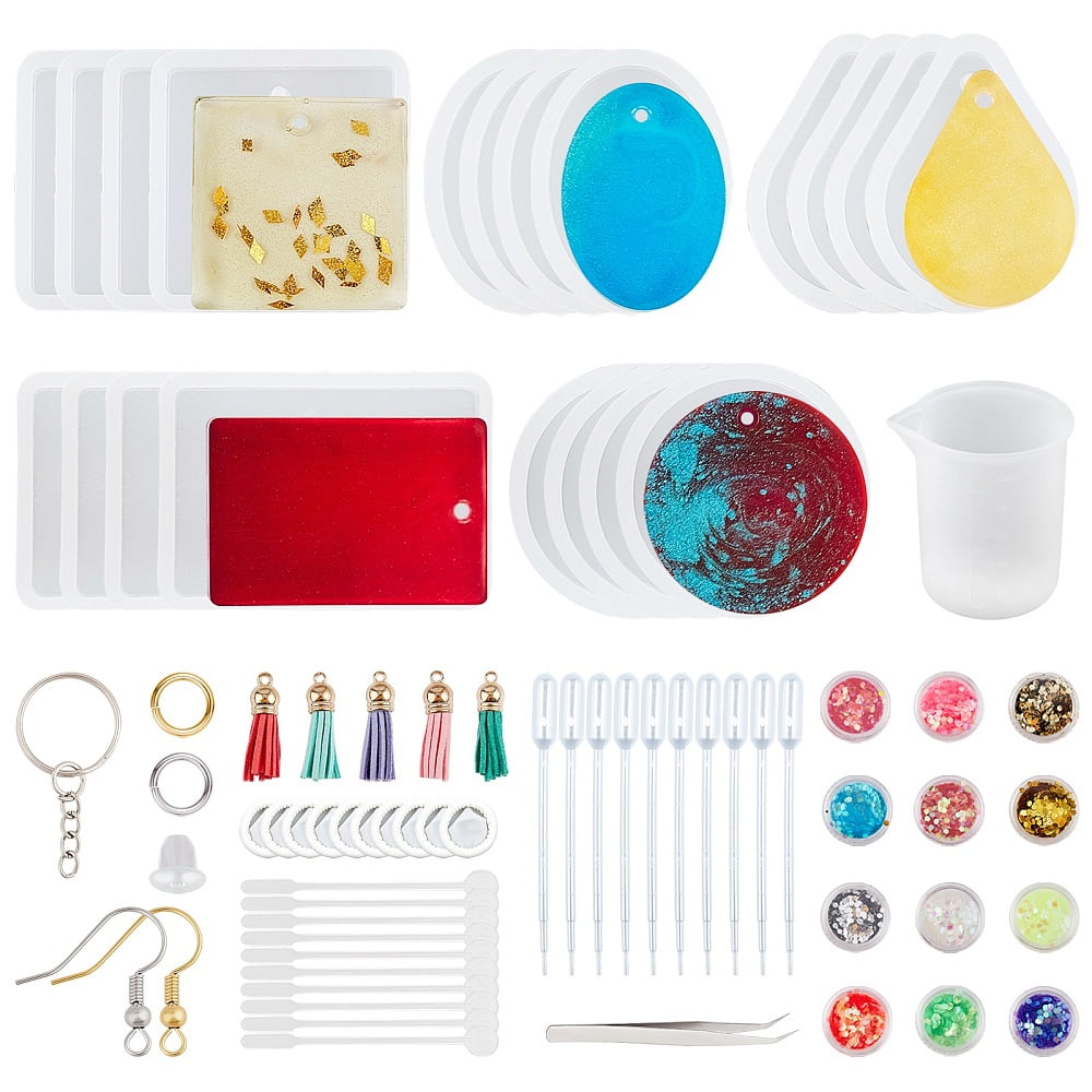 DIY Jewelry Sets Kits with Silicone Pendant Molds Faux Suede Tassel Pendant Iron Split Key Rings & Earring Hooks Nail Art Sequins Clear