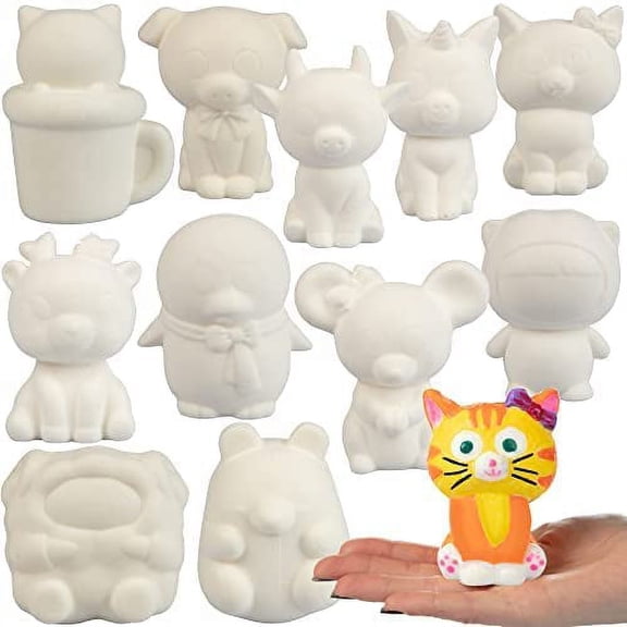 DIY Jumbo Blank Slow-Rising Animal Squishies - 12 Different 3-5" Designs - White Kawaii Squishy Toys for Drawing, Painting, Decorating - Soft & Scented Stress Relief Craft