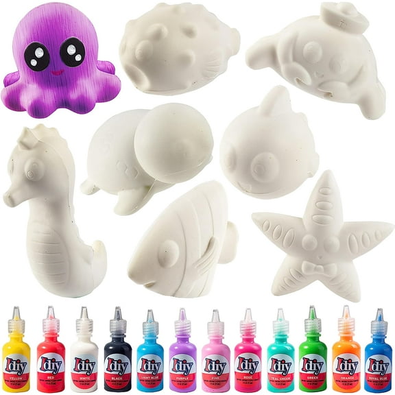 DIY Jumbo Ocean Pals Squishies (8 Unique Sea Animals w 12 Fabric Paints) -White Kawaii Scented Slow Rise Squishy Toys, Decorate, Scented Stress Relief Craft, Kids Birthday Party Activity Gift (4"-6")