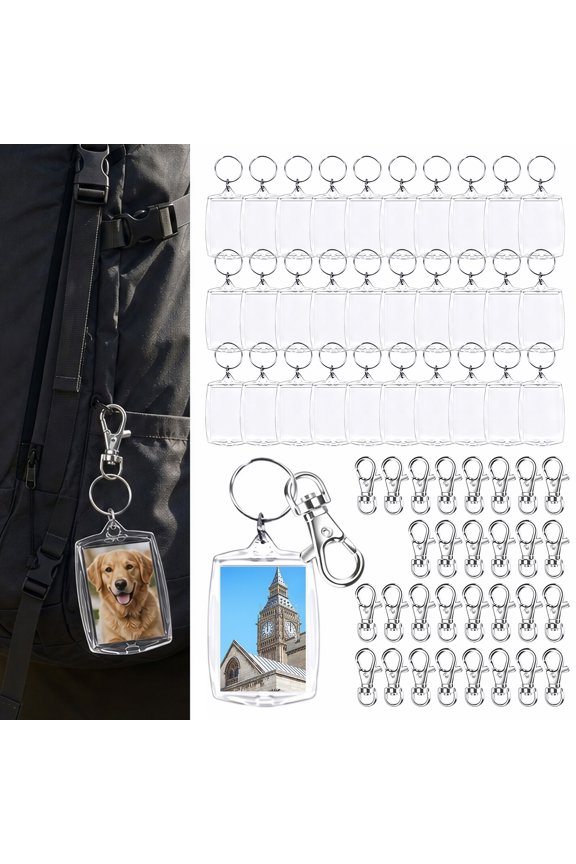 DIY Keychain Craft Kit 60pc - 30 Clear Acrylic Photo Frames with 30 Metal Clasps for Custom Key Rings and Gifts