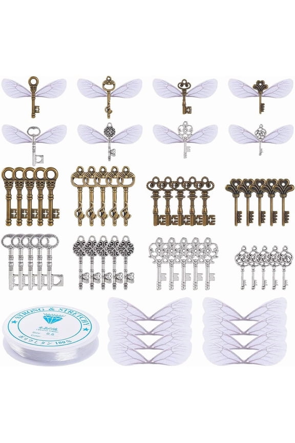DIY Keychain Making Finding Kit Including Alloy Skeleton Key Pendants Organza Fabric Elastic Thread Mixed Color 160Pcs/box