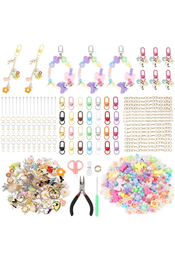 DIY Keychain Making Kit, Includes 300PCS Colorful Beads & 100pcs Charms, Bulk Cute Beaded Keychain Phone Bag Charm Complete Set for Beginners Jewelry Making Accessories Supplies