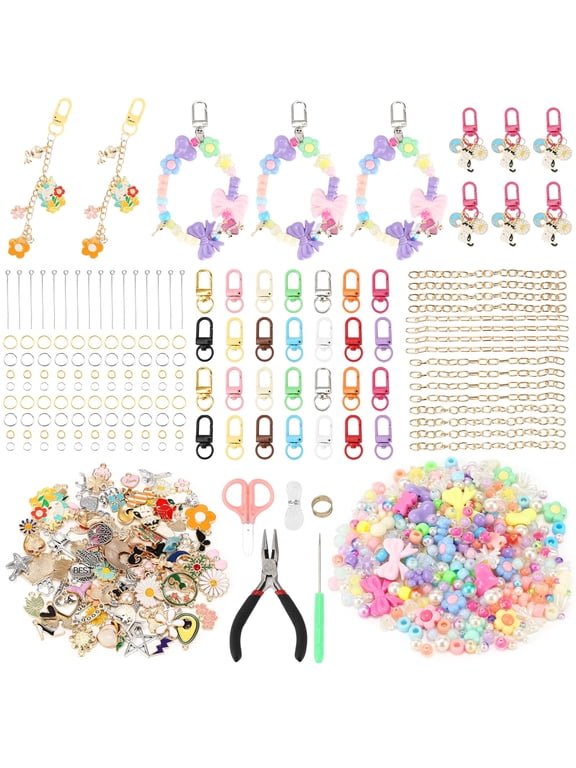 DIY Keychain Making Kit, Includes 300PCS Colorful Beads & 100pcs Charms, Bulk Cute Beaded Keychain Phone Bag Charm Complete Set for Beginners Jewelry Making Accessories Supplies