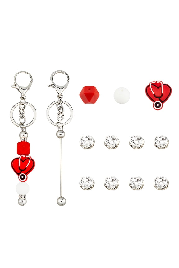 DIY Keychain Making Kit Including 2pcs Iron Bar Beadable Keychains with Silicone Red Beads Lobster Clasps Key Chain Silver Key Holder with Key Ring