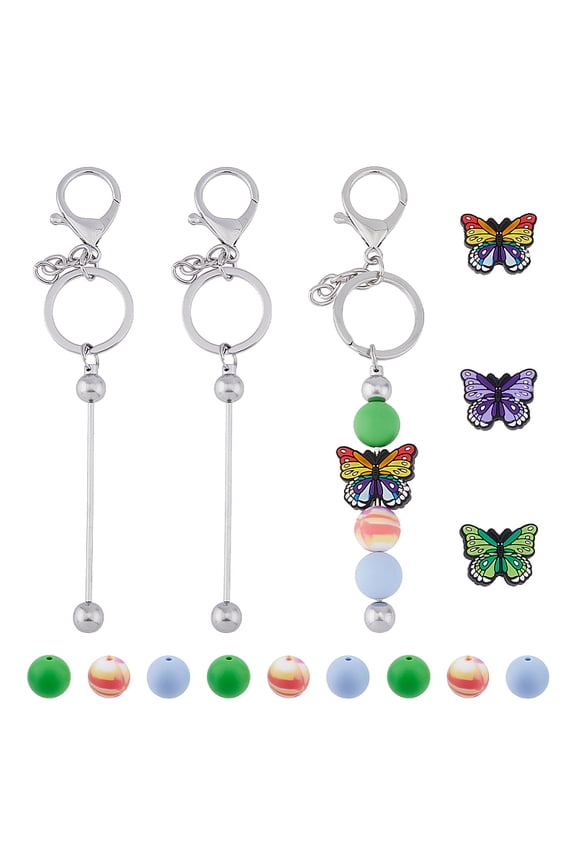 DIY Keychain Making Kit Including Iron Bar Beadable Keychain Silicone Beads Middle East Rhinestone Spacer Beads Platinum & Silver